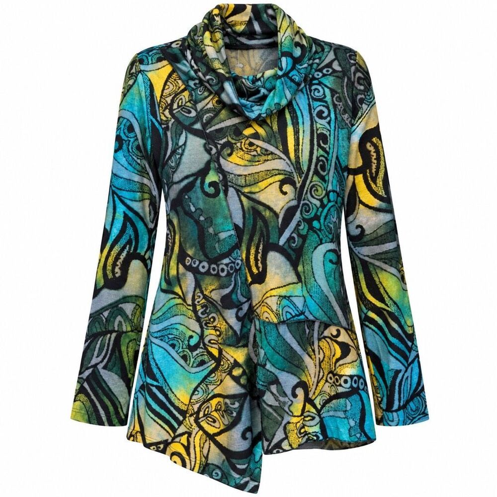 The Pyramid Collection Jacquard Wild Child Cowl Neck Tunic Multicolor 2X NEW